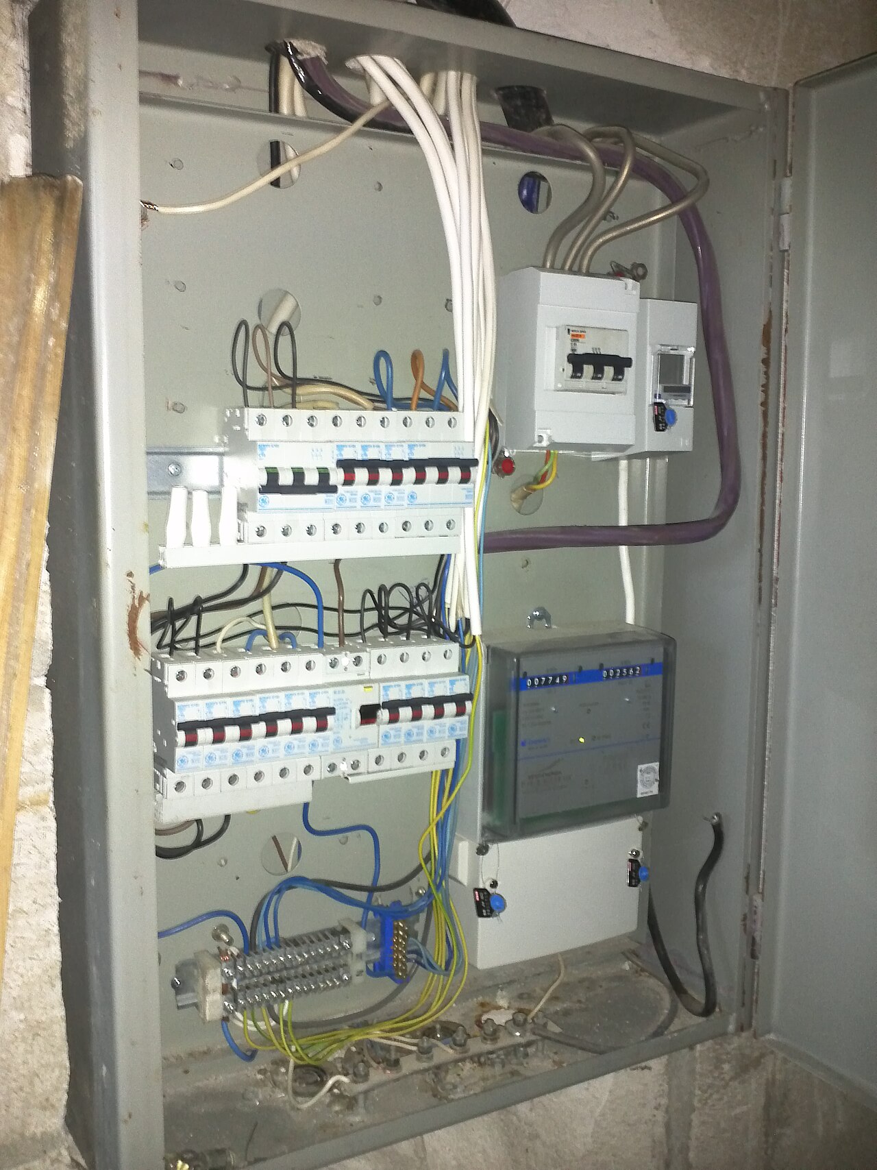 Photographed electrical distribution board and circuit breakers